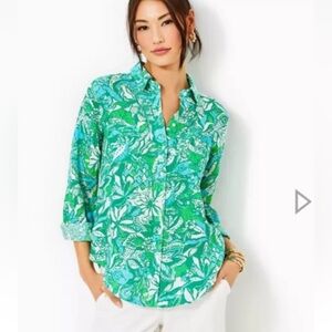 LILLY PULITZER NEW SEA VIEW BUTTON DOWN LINEN SHIRT SIZE MEDIUM